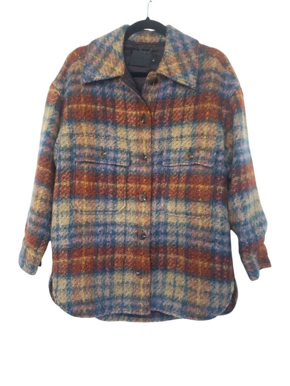 No. 6 Store Wilson Jacket Wool Blend Plaid Shacket Oversized Fuzzy Blue Purple